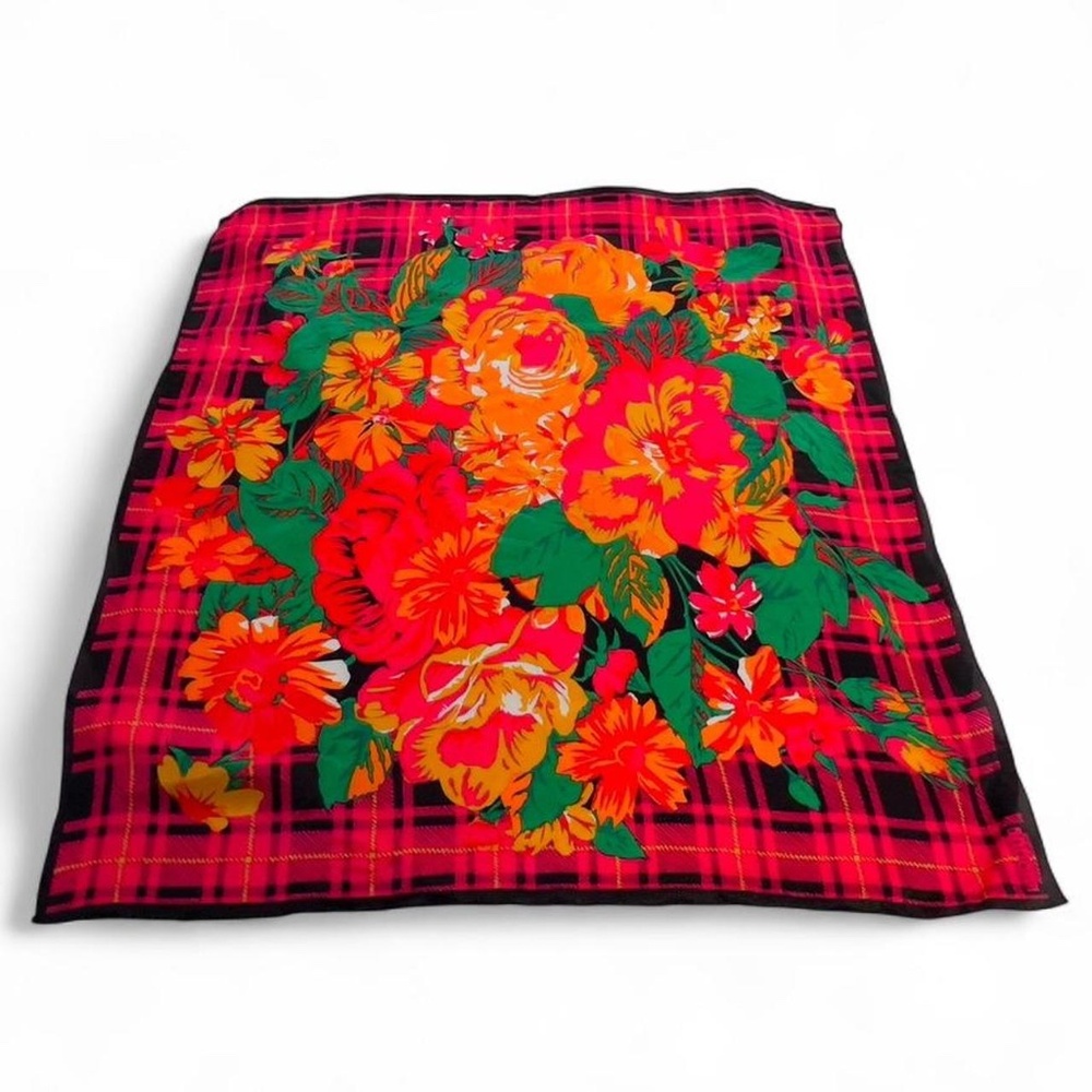 Silk Multicolor Floral and Plaid Scarf